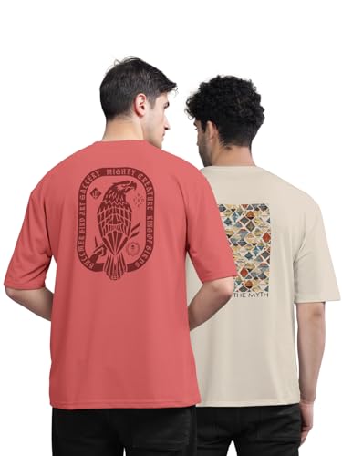 Image of BULLMER Trendy Front and Back Printed Oversized Round Neck T-Shirt for Men - Pack of 2