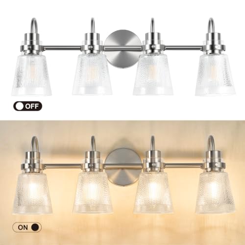 Image of 4-Light Bathroom Light Fixtures 25.7 Inch Brushed Nickel Vanity Lights for Bathroom Lighting Fixtures Over Mirror with Clear Striped Glass Shade for Mirror Bedroom Hallway