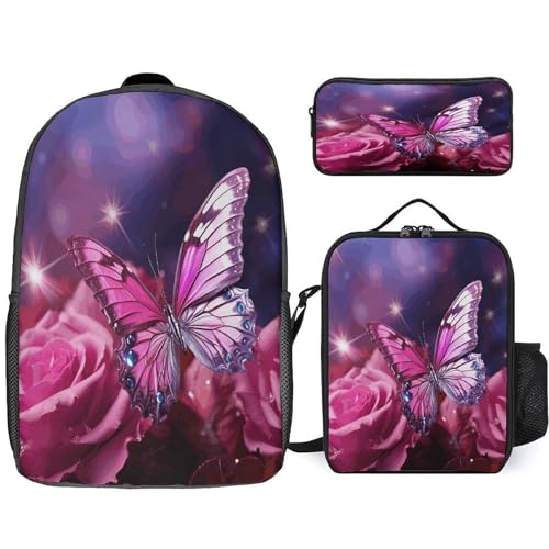 Printed Backpack With Lunch Pack Storage Box Case Pink Butterfly 3pcs Lightweight Travel Backpack