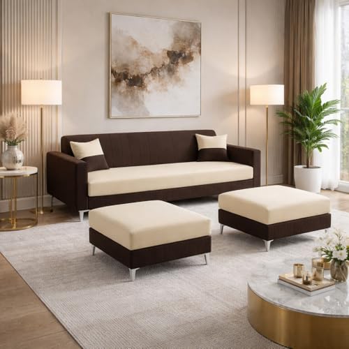 Image of Amelia 5 Seater L Shape Sofa Set with 2 Movable Ottomans | Flexible Layout | Rich Velvet Suede Fabric | Silver Legs | Spacious Seating | Modern Sofa for Living Room (Dark Brown-Cream)