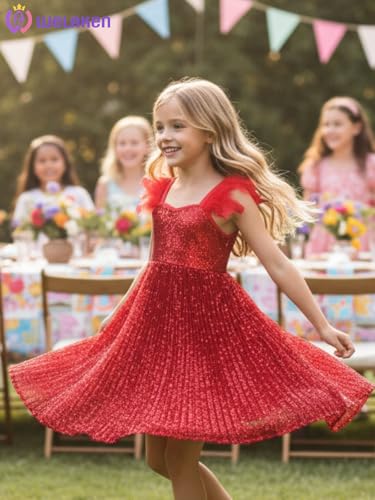 WELAKEN Girls Sparkly Sequin Dress Feather Strap Pleated Twirl Party Formal Dress2