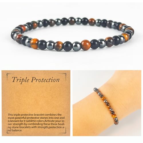 Triple Protection Bracelet for Men & Women - Natural Onyx, Hematite & Tiger Eye Beaded Stretch Bracelet, Handmade Healing Gemstone Jewelry, 4mm Elastic Energy Beads, Spiritual Gift with Box2
