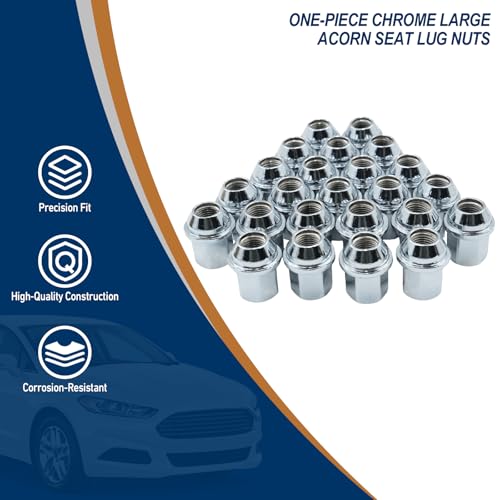 Image of One-Piece Chrome Large Acorn Seat Lug Nuts Compatible with Most Chrysler, Dodge, Jeep, Ram Vehicles, M14x1.5, 7 /8 inch Hex, 24pcs, Replaces OEM 611-330