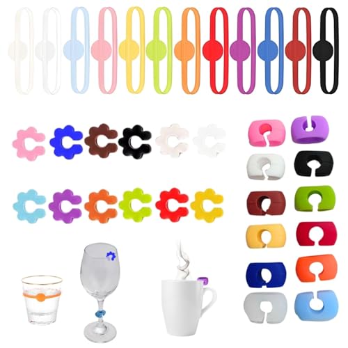 Lyivisk Lot de 36 marqueurs de verre réutilisables en silicone pour verres à vin, champagne et cocktails, verres colorés pour fêtes, mariages et événements de bar
