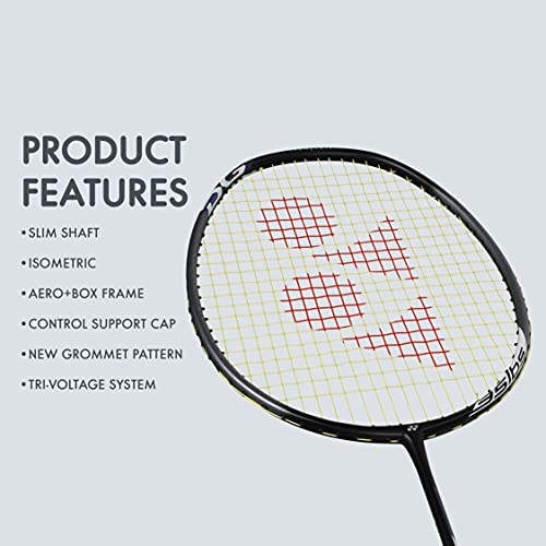 Image of YONEX Voltric 0.5 DG Slim Tri Voltage System Graphite Badminton Racquet (Black /Lime, 35 Lbs Tension, Slim Shaft) & ET 903 E Super Rubber Badminton Grip (Blue)