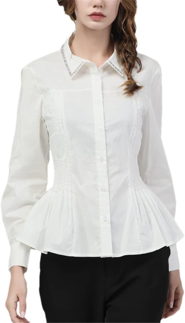Cotton Shirt Women Spring Summer Turn-Down Collar Button-Down Tops Elegant Slim Blouses