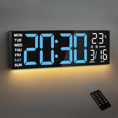 Maxstar 16'Gran reloj digital de pared con pantalla LED de 8 RGB y control remoto,alarmas dobles fuertes, DST,temperatura,fecha,luz nocturna para dormitorio/oficina/sala de estar/tienda/sala de juegos