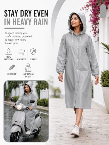 Image of Hooded Waterproof Men's & Women's Raincoat, Lightweight Long Rain Jacket, Button Front, Windproof Outdoor Rainwear | Free Size |