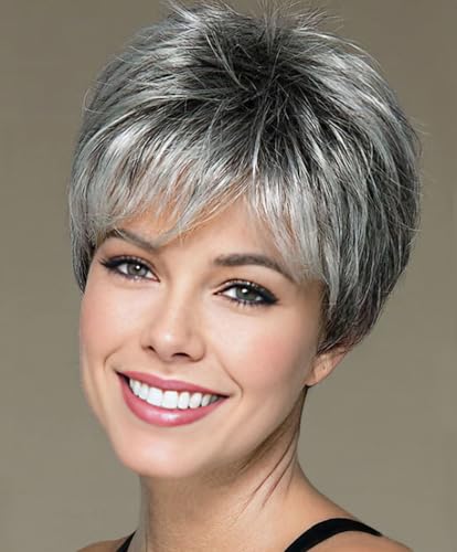 SEVENCOLORS Short Grey Wigs for Women Gray White Pixie Cut