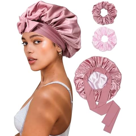 Reversible Satin Bonnet for Sleeping Women Silk Bonnet Double Layer Hair Bonnet with 2PCS Hair Scrunchies Elastic Tie Band Night Cap Hair Wrap for Natural Curly Hair (Bean Paste + Pink) Cover