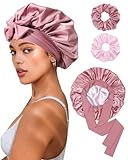Reversible Satin Bonnet for Sleeping Women - Double Layer Hair Wrap with 2PCS Scrunchies & Elastic Tie Band - Night Cap for Natural Curly Hair (Bean Paste + Pink)