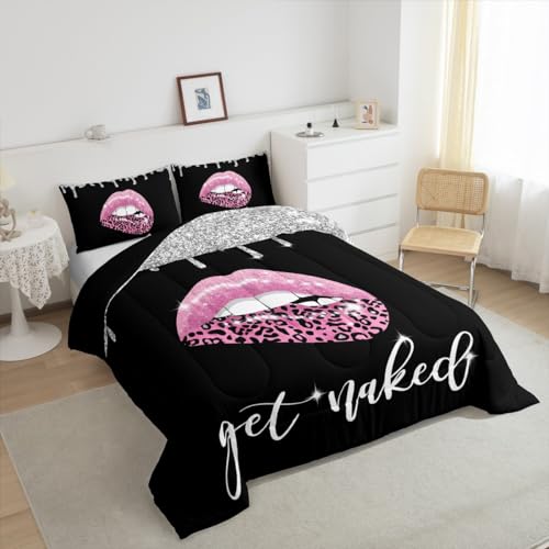 Image of Feelyou Pink Black Sexy Lips Comforter Set Twin, Get Naked Bedding Set Diamond Get Naked Comforter Kids Toddler Glitter Leopard Print Sexy Lips Duvet Set 2Pcs