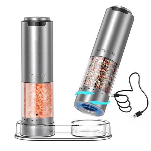 CIRCLE JOY Rechargeable Electric Salt and Pepper Grinder Set with Base, Stainless Steel Pepper Mills with 95ml Container, White LED Light and External Adjustable Coarseness, Silver by CIRCLE JOY - Used condition - US$27.29