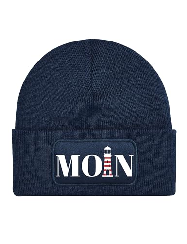 Mütze Beanie Moin Leuchtturm Wintermütze Statement Spruch Print Geschenk Unisex Strickmütze für Herren & Damen - Navyblau