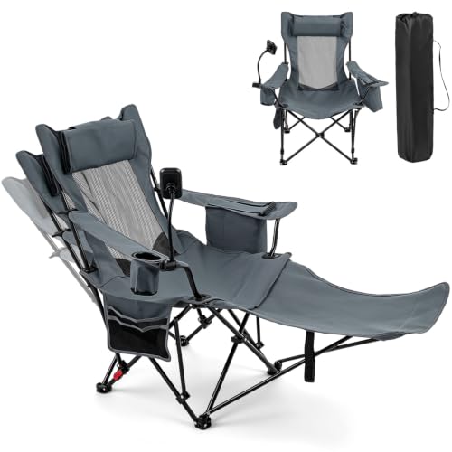 Image of Goplus 2-in-1 Reclining Camping Chair, Folding Lounge Chair w/Detachable Footrest & 3-Level Adjustable Backrest, Portable Beach Chairs w/Phone Stand, Cup Holder, Insulated Bag & Side Pocket (Grey)