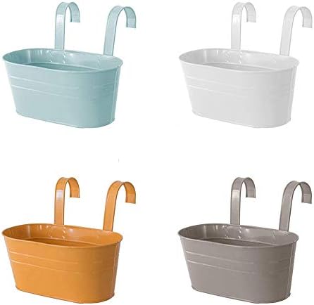 4Pcs Metal Iron Wall Hanging Flower Pots, Colorful Planter Bucket Flower Plant Holder with Detachable Hooks for Railing Fence Balcony Garden Home Storage Bucket Decoration
