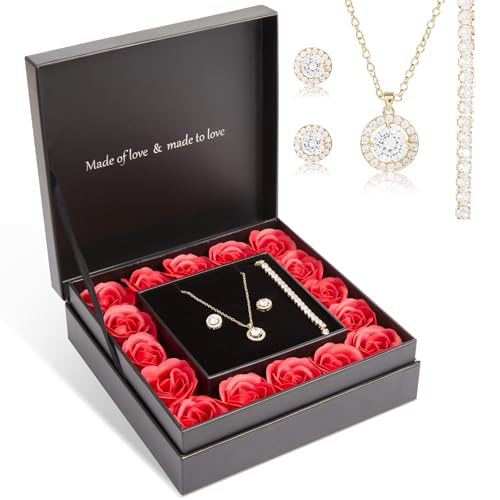 DN DECONATION 4-teiliges Schmuckset mit Ewiger Rose, Halskette Ohrringe Armband in Geschenkbox als Valentinstag-, Jahrestags- & Geburtstagsgeschenk für Sie, Einzigartiges Romantisches Schmuck Geschenk