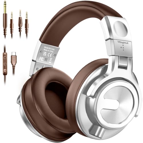 VkingMoR USB C Over Ear Headphones Wired, Studio Monitor & Mixing DJ Headphones Professional with 6.35mm/3.5mm/Type-C Jack Over Ear Headsets for DJ Podcast Guitar AMP Piano Keyboard Recording,Brown