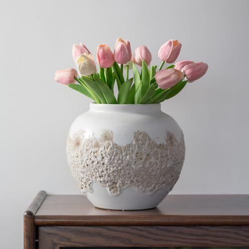 Relexome Black Terracotta Rustic Ceramic Farmhouse Vase,9.5" Round Flower Vase,Vintage Antique Stone Clay Handmade Distressed Decorative,Home Living Room Kitchen Table Shelf Decor