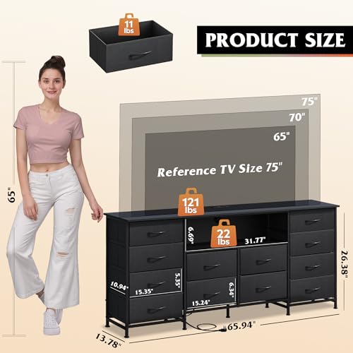 Image of WLIVE LED Dresser TV Stand for 75 Inch TV, 12 Drawers, Black