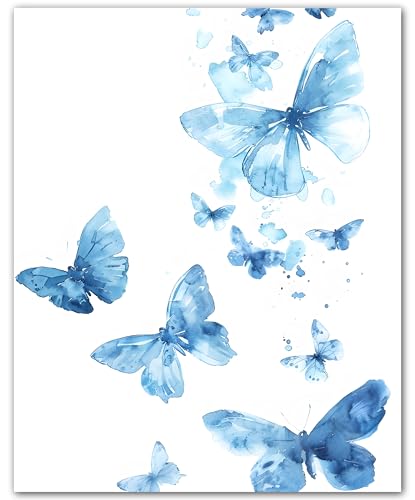 ZUKIY Blue Butterfly Drift - 8x10 Unframed Blue Butterfly Poster - Watercolor Butterfly Flower Art for Bedroom Office Living Room Hallway or Gallery Wall - Soft Botanical Artwork for Home Decor
