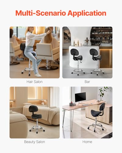 Image of VEVOR Saddle Stool with Back Support and Wheels, 450 LBS Weight Capacity Ergonomic Rolling Stool, Height Adjustable Thickened PU Leather Swivel Saddle Chair for Salon, Spa, Massage, Tattoo, Black