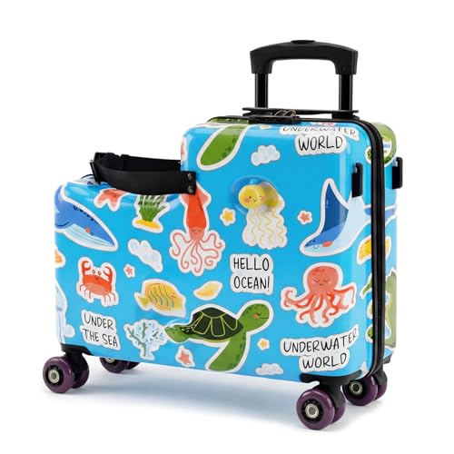 20 Ride-On Suitcase for Kids Cute Pattern Lightweight Hardshell Carry-On Luggage with Double Spinner Wheels TSA Lock Circular Handrail Safety Belt Foot Pedal for Boys&Girls Load Cap. 120 lbs (Blue)
