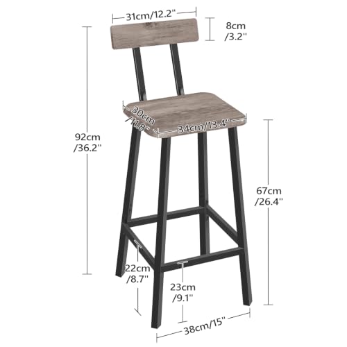 Image of MAHANCRIS Bar Stools, Set of 2 Bar Chairs with Backrest and Footrest, 26 inch Breakfast Chairs, Counter Stools for Bar, Living Room, Kitchen, and Dining Room, Greige BAHG05101