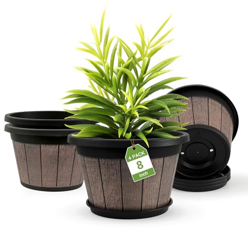 Quarut 4 Pack 8 inch Plant Pot,Upgrade Whiskey Barrel Planters with Drainage Holes & Saucer,Plastic Decoration Flower Pots Retro Design,Planters for Outdoor Indoor Garden Home Plants (Brown)