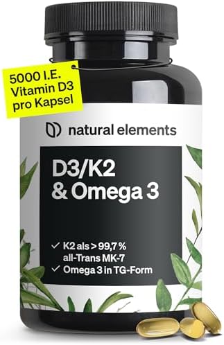 natural elements Vitamin D3 + K2 + Omega 3 – Premium K2VITAL® von Kappa 99,7+% All-Trans K2 – Premium Omega 3 in Triglycerid Form und bioverfügbares D3 – in Deutschland produziert