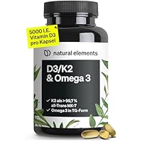 natural elements Vitamin D3 + K2 + Omega 3 – Premium K2VITAL® von Kappa 99,7+% All-Trans K2 – Premium Omega 3 in Triglycerid Form und bioverfügbares D3 – in Deutschland produziert & laborgeprüft