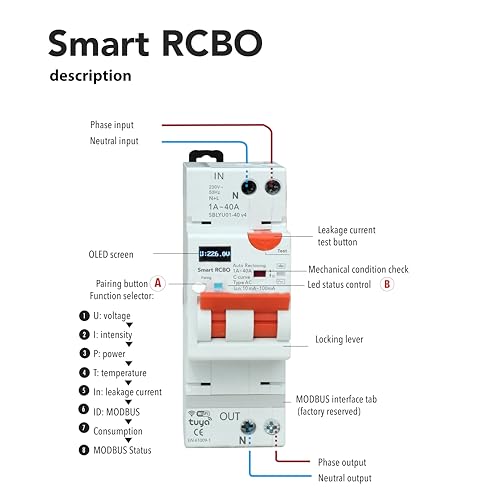 Wi-Fi RCBO/FI/LS-Schalter Typ AC 10-100mA einstellbar mit Auto-Wiedereinschaltung & Display - 1-40A, 9 kW - Tuya App mit Schutz: Strom, Leistung, Spannung, Temperatur, Über-/Unterspannung