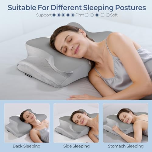 Image of Cervical Neck Pillow for Pain Relief, Contour Memory Foam Pillows for Sleeping, Ergonomic Pillow Orthopedic Cooling Pillow Bed Pillow Neck Support for Side Back Stomach Sleepers（Grey&White