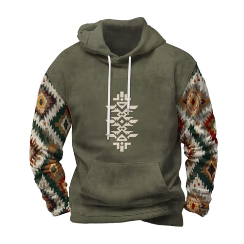 Western Cowboy Sweatshirt for Men Aztec Print Drop Shoulder Long Sleeve Pullover Fall Loose Casual Tops with Pocket