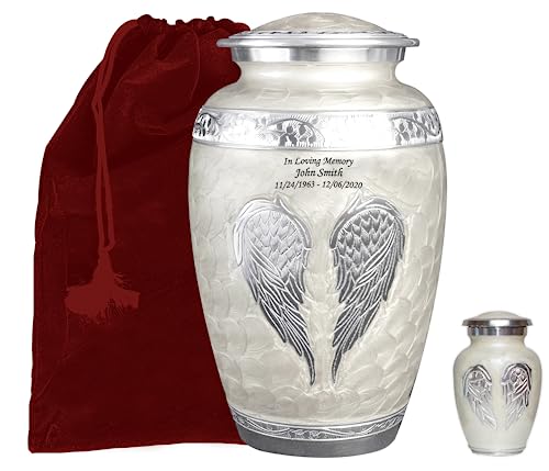 White Angel Wings Funeral Cremation Urn with Matching Keepsake, Velvet Bag and Personalization (Pearl White, Large)