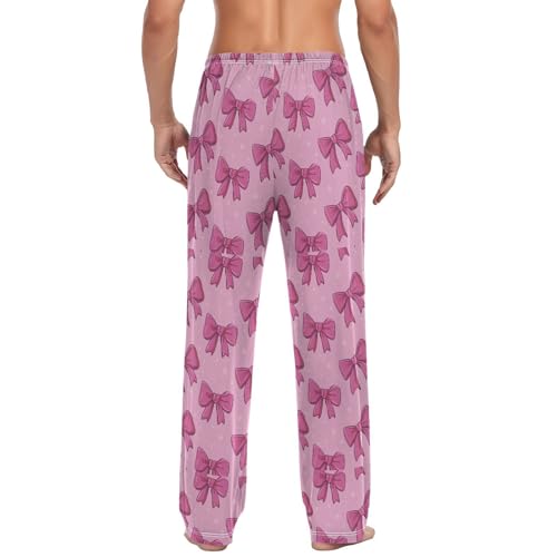 Men’s Cute Pink Bows Pajama Pants with Pockets, Comfortable Lounge Sleep Bottoms#4392