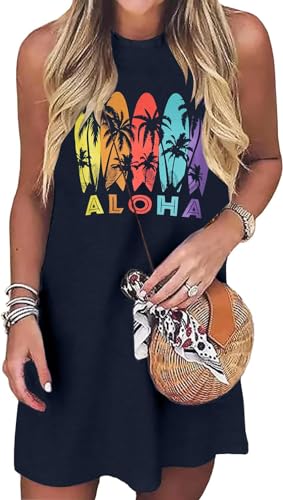 Image of Sun Salt Sand Coconut Tree Tank Mini Dress for Women Casual Loose Sleeveless Beach Praty Shirts Summer Vacation Short Dress