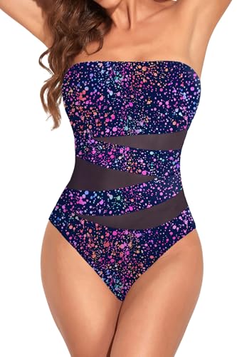 Image of Holipick Women Sexy One Piece Swimsuit Strapless Bathing Suits | Bandeau Neckline, Mesh Cutout Design, Push Up Removable Pads, High Cut, Removable Straps, Pool Beach Cruise Resort
