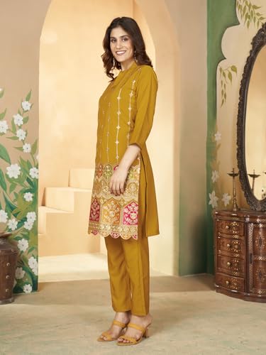 Image of Kurta Set for Women Silk Embroidered Straight Kurta Set for Women with Pant