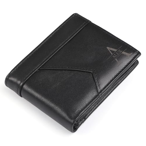 Personalized RFID Leather Wallet for Dad – Custom Name & Initial Bifold – First Layer Cowhide with Gift Box – Father’s Day, Birthday, Christmas Gift from Son Daughter (Black)