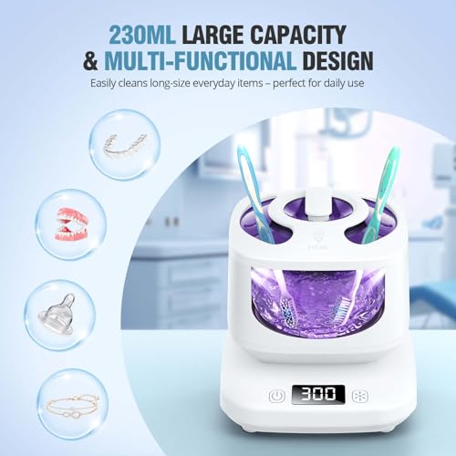 Image of Ultrasonic Retainer Cleaner, Detachable 45kHz Retainer Cleaner Machine 3 Modes Dental Cleaning Pod with Visible Window Digital Timer for Mouth Guard, Dentures, Aligner, Braces, Jewelry - White