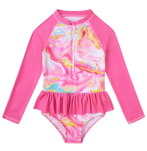 Image of RAISEVERN 1-7 Years Girls Rashguard Swimsuit Long Sleeve One Piece Zipper Bathing Suits with Ruffle Butt