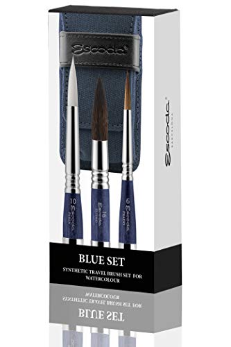 ESCODA Set 3 Pinceles Acuarela - Blue Set Viaje N.6,10,16 Redondo Punta Pelo Sintético Profesional Bellas Artes Brochas Serie Prado Perla Último Fabricado a Mano en España.