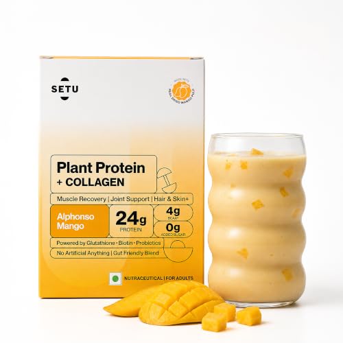 Image of Setu Plant Protein + Veg Collagen | 24g Protein with Glutathione & Biotin | Pea & Rice Isolate | For Muscle, Skin & Hair | Protein Powder for Men & Women | Alphonso Mango Flavour | (Pack of 6 Single Serve Sachets)