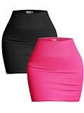 PEIQI Women's Basic High Waisted Pencil Bodycon Short Skirt Stretchy Ribbed Skirts Black Hot Pink M