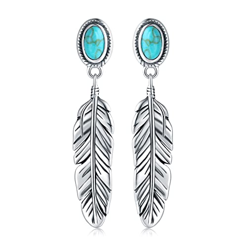 Sterling Silver Turquoise & Malachite Feather Dangle Stud Earrings - Hypoallergenic Western Style - Vintage Eagle Feather Drop Ear Studs for Women