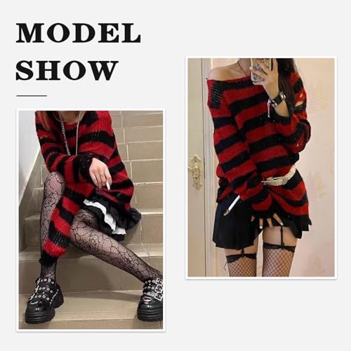 Image of Goth Y2K Striped Sweater with Belt Ripped Punk Gothic Long Sweaters for Women Grunge Distressed Halloween Pullover Tops