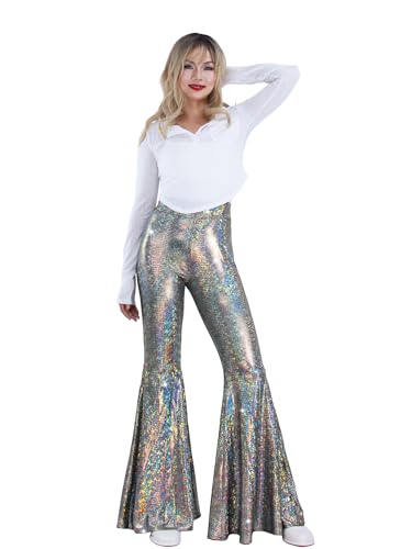 Womens Sequin Flare Pant Sparkly High Waisted Leg Bell Bottom Glitter Trousers Night Out Clubwear3