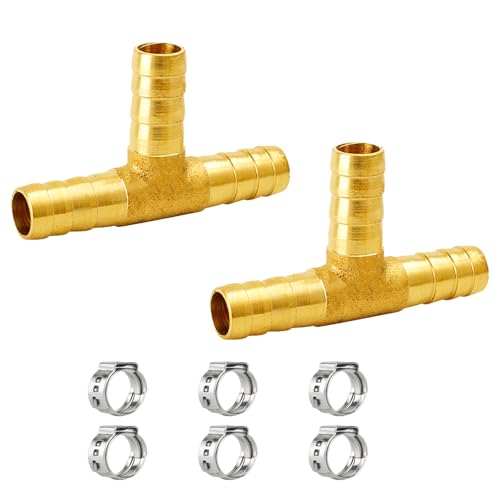 NICOLEKAY 2 pcs 1/4"(6mm) Brass Tee Barb Fittings for 1/4" ID Hose,6 pcs Stainless Steel Pipe Clamps,3 Way Union Intersection for Water/Fuel/Air(T)