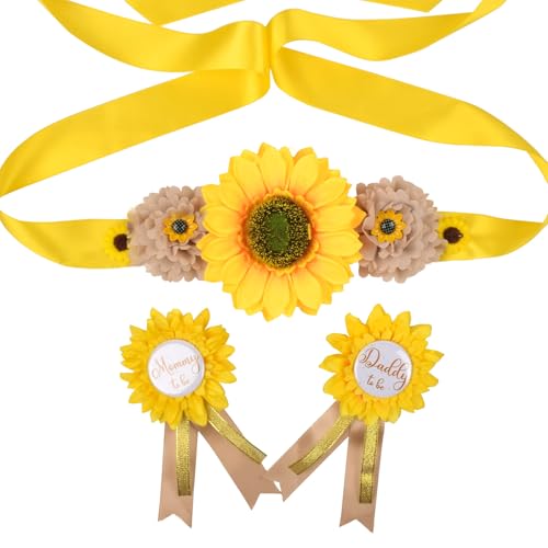 Maternity Flower Sash Belt Satin Ribbon Belly Band with Rhinestone Pearls for Mom to Be Daddy to Be, 04. Sunflower, One Size